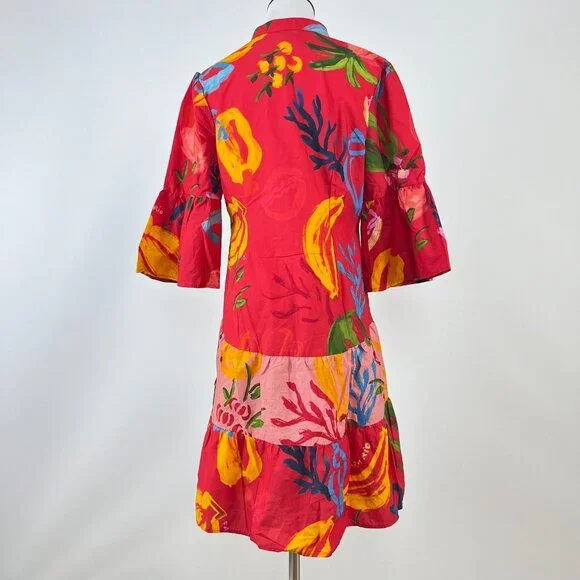 NWOT FARM Rio Mixed Fruits Ocean Bright Vibrant Dress Ruffle Sleeve Size S